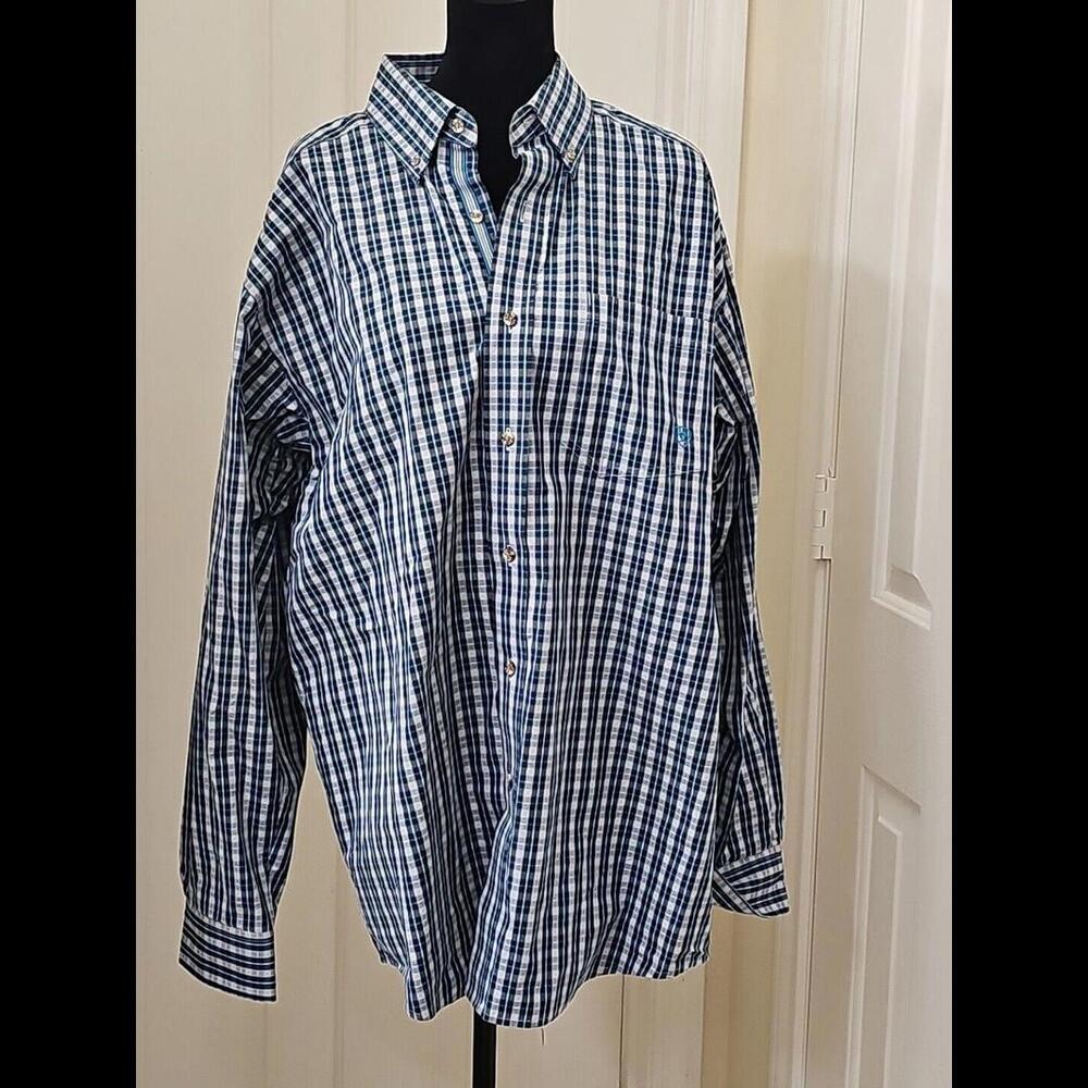 Ariat Pro Series Mens Shirt L Blue White Plaid Button Down Long Sleeve A23